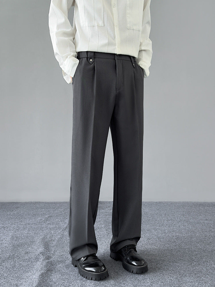 Men's Korean-Style Straight Wide-Leg Buckle Waistband Suit Pants