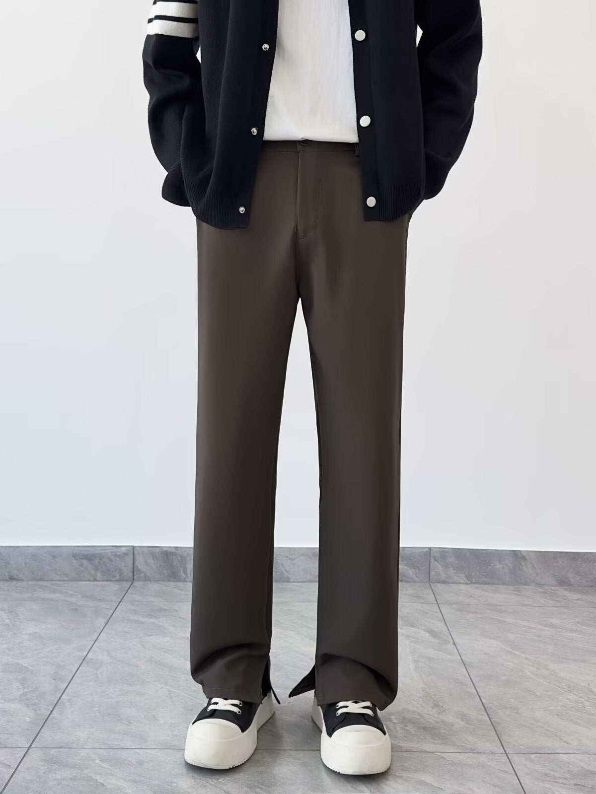 Brown Men's High-Waisted Wide-Leg Straight Drapey Suit Pants