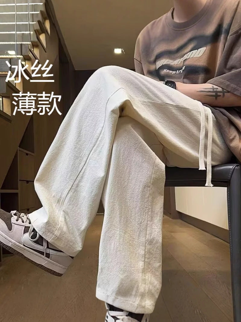 Men's Summer Ice Silk Off-White Straight Wide-Leg Casual Pants
