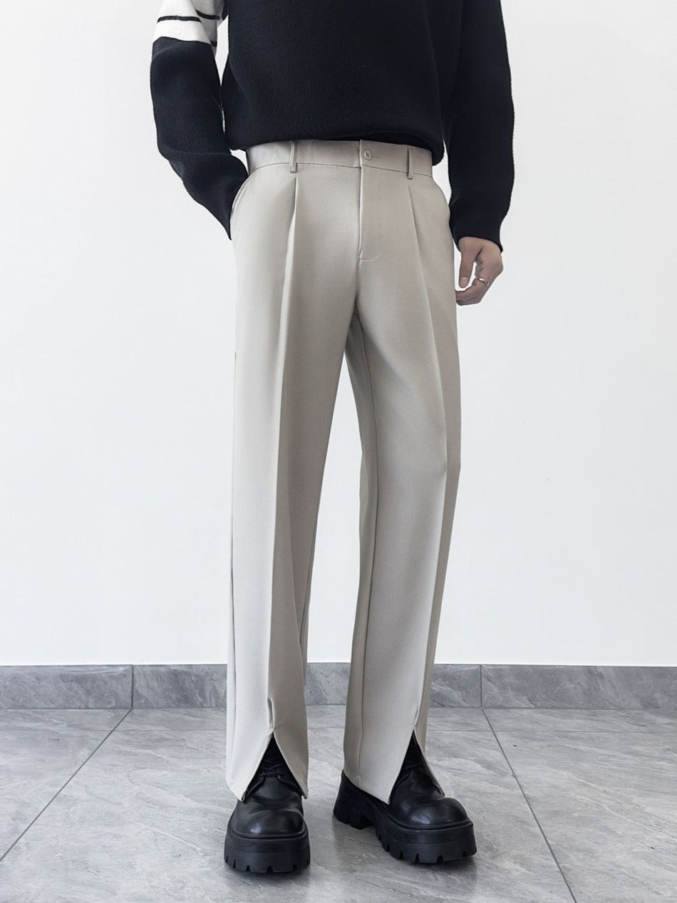 Black Men's Autumn Loose Straight-Leg Drapey Split Hem Dress Pants