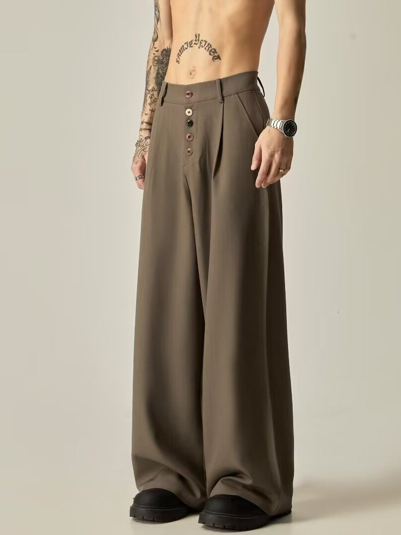 Brown Men's Retro Hong Kong Style High-End Straight Wide-Leg Suit Pants