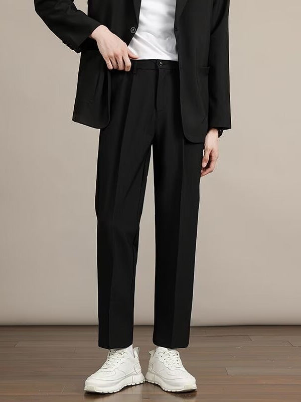 Black Men's Summer Ice Silk Straight-Leg Cropped Formal Suit Pants