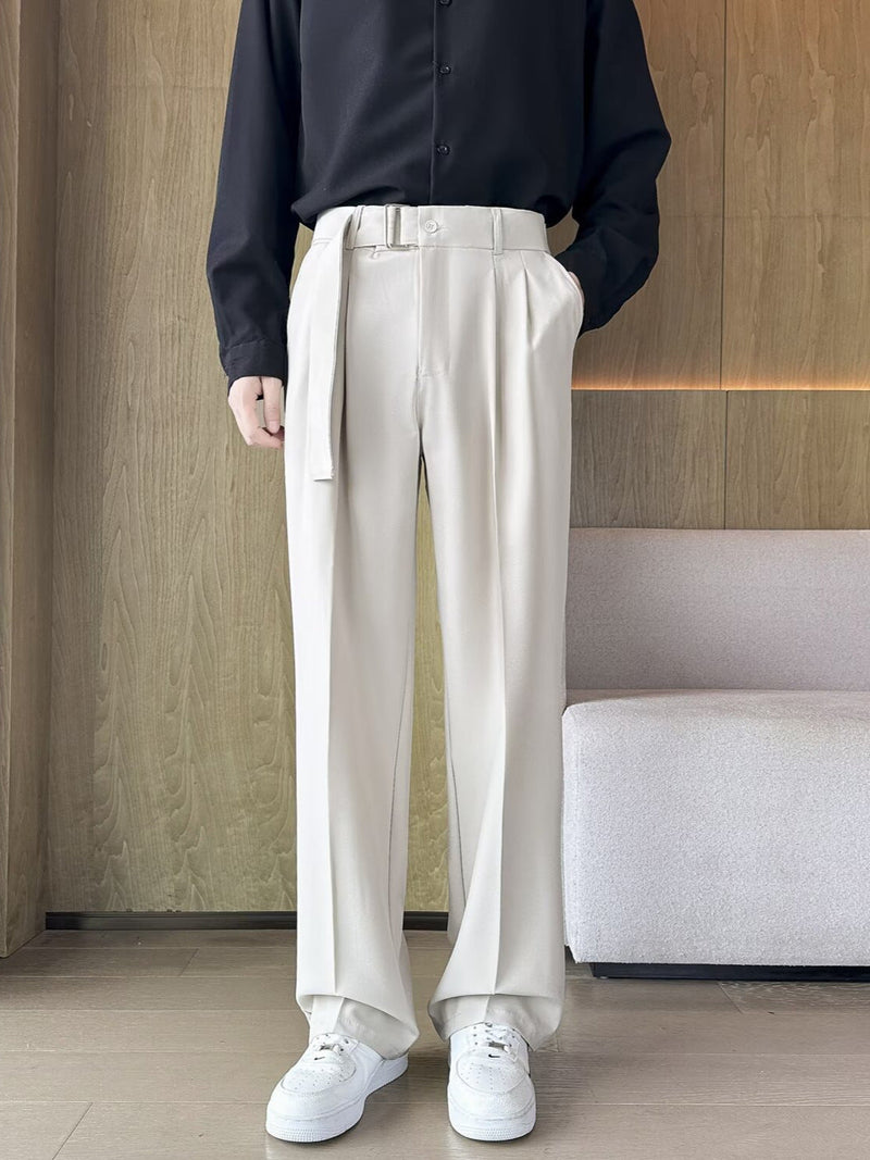 Brown Men's High-Waisted Loose Straight-Leg Floor-Length Trousers