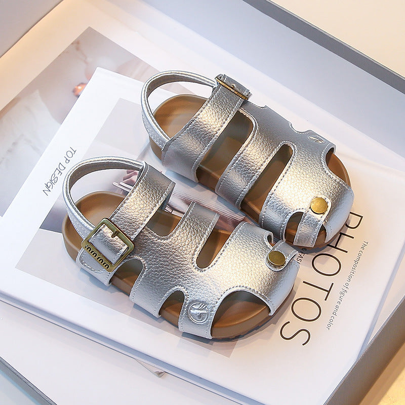 Silver Premium Closed-Toe Leather Summer Sandals for Children