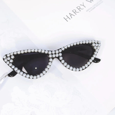 Black Premium Pearl-Embellished Triangular Cat-Eye Sunglasses