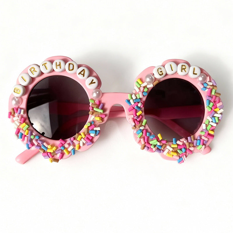 Children's glitter girl Premium Custom Pearl and Letter Candy Motif Birthday Sunglasses for Girls