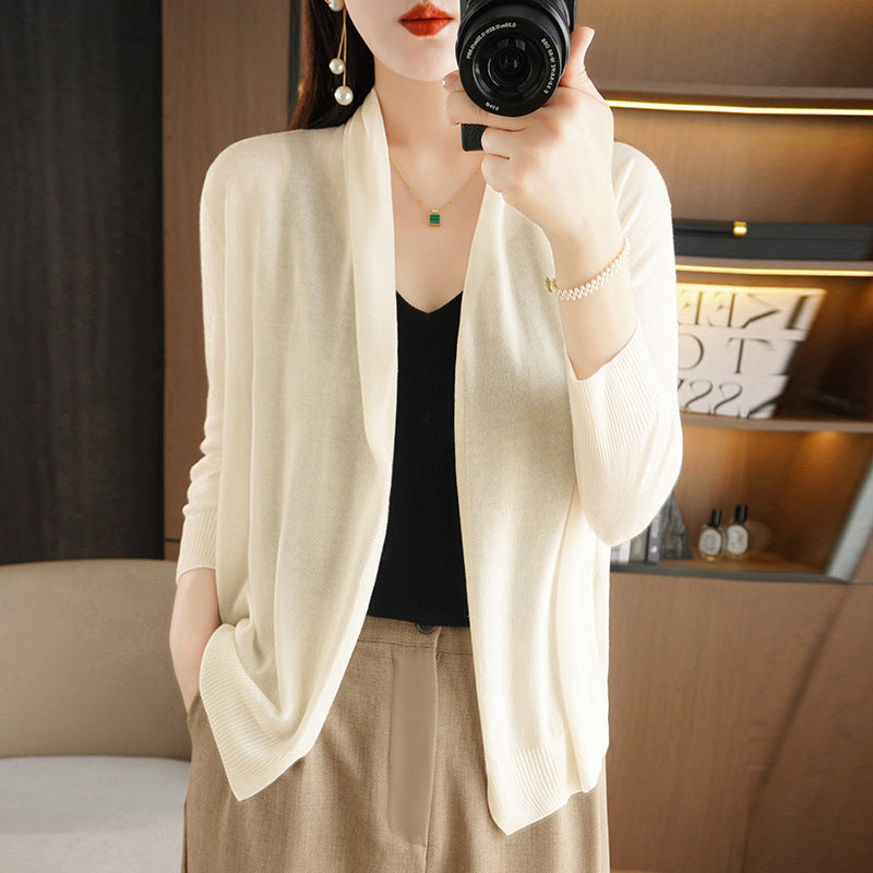 White Women’s V-Neck Ice Silk Knit Sun Protection Cardigan
