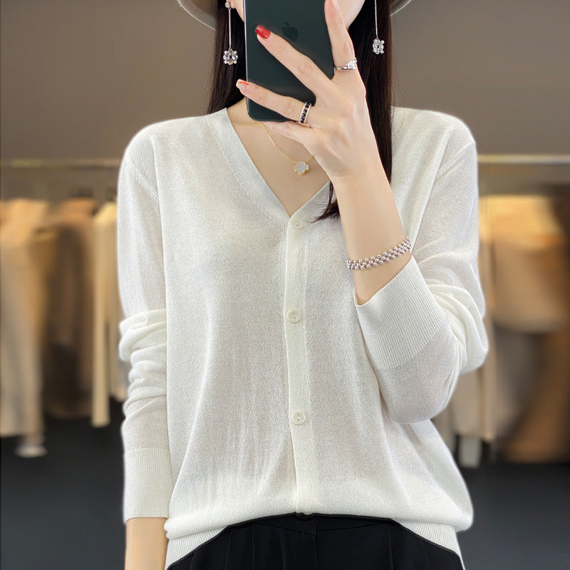White Women’s Linen Knit V-Neck Sun Protection Cardigan