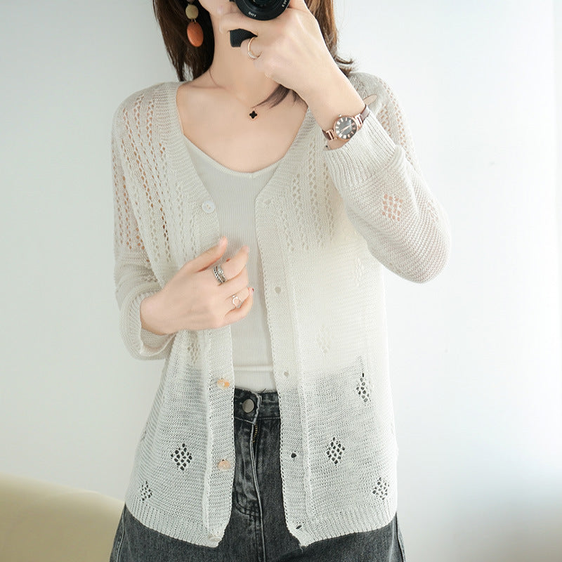 White Women’s Korean Style Hollow Knit Sun Protection Cardigan