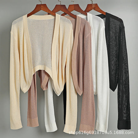 Beige Women’s Ice Silk Sun Protection Short Knit Shawl Cardigan
