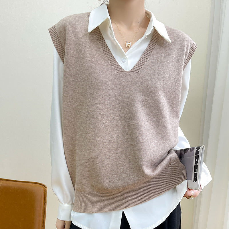 White Women’s Korean Style V-Neck Knitted Vest Solid Pullover Top