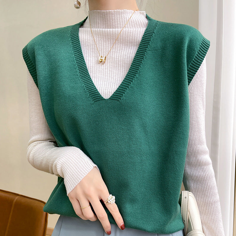 Women’s Korean Style V-Neck Knitted Vest Solid Pullover Top