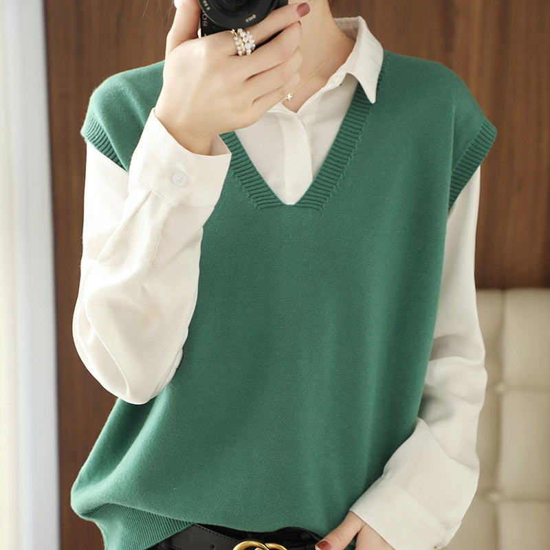 Green Women’s V-Neck Loose Fit Knit Sweater Vest Casual Top