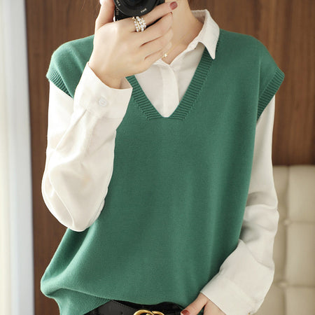 Green Women’s V-Neck Loose Fit Knit Sweater Vest Casual Top