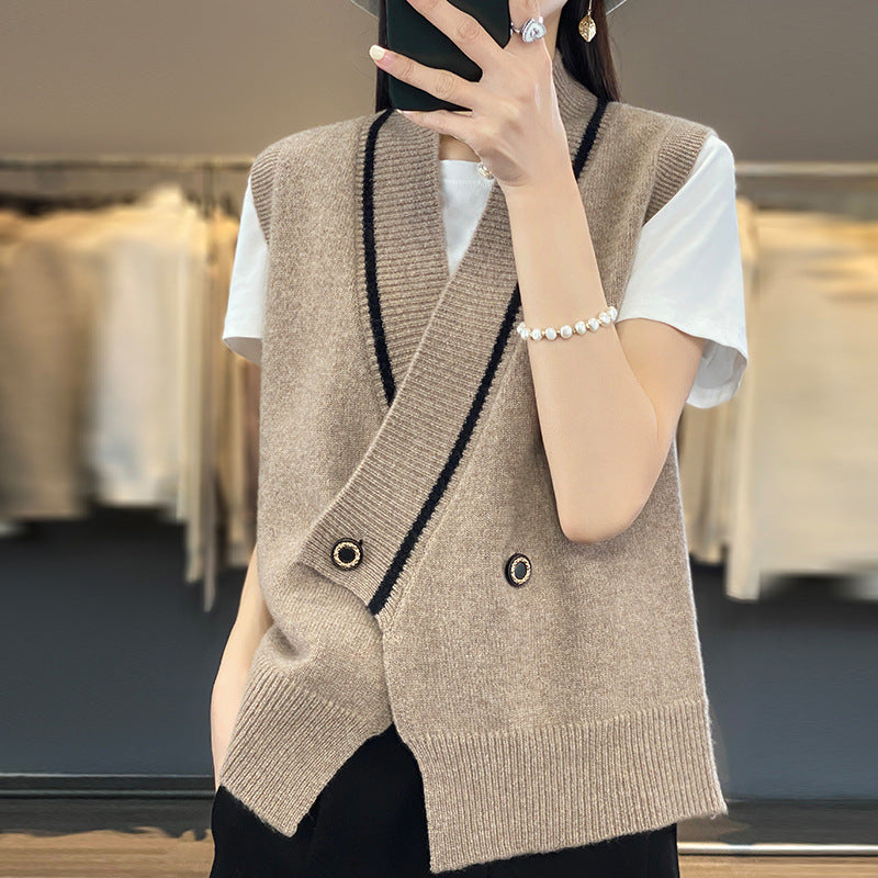 White Women’s V-Neck Loose Fit Knitted Vest Layered Sweater Top