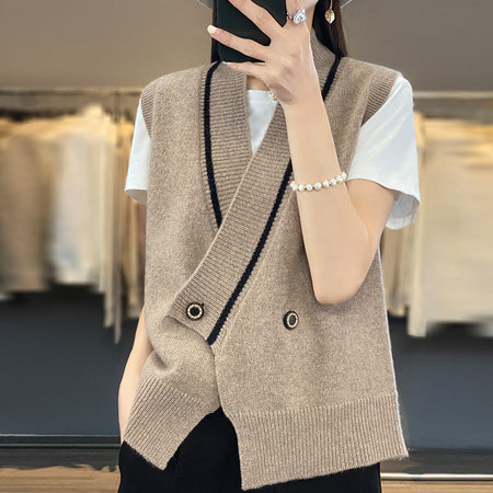 White Women’s V-Neck Loose Fit Knitted Vest Layered Sweater Top