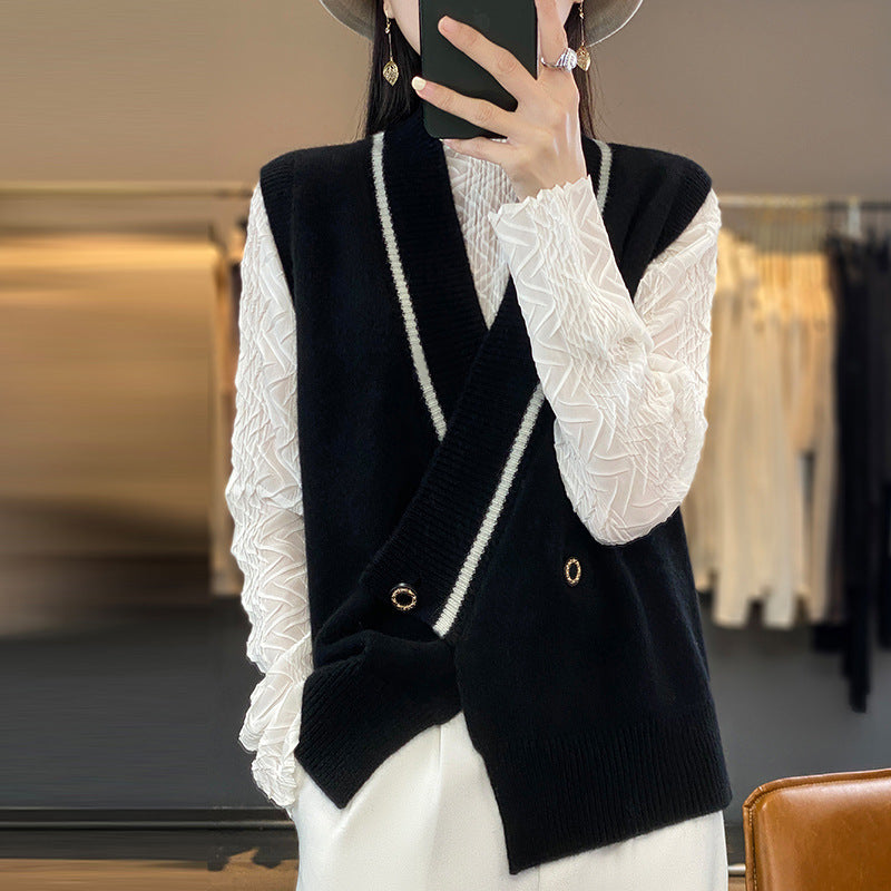 Women’s V-Neck Loose Fit Knitted Vest Layered Sweater Top