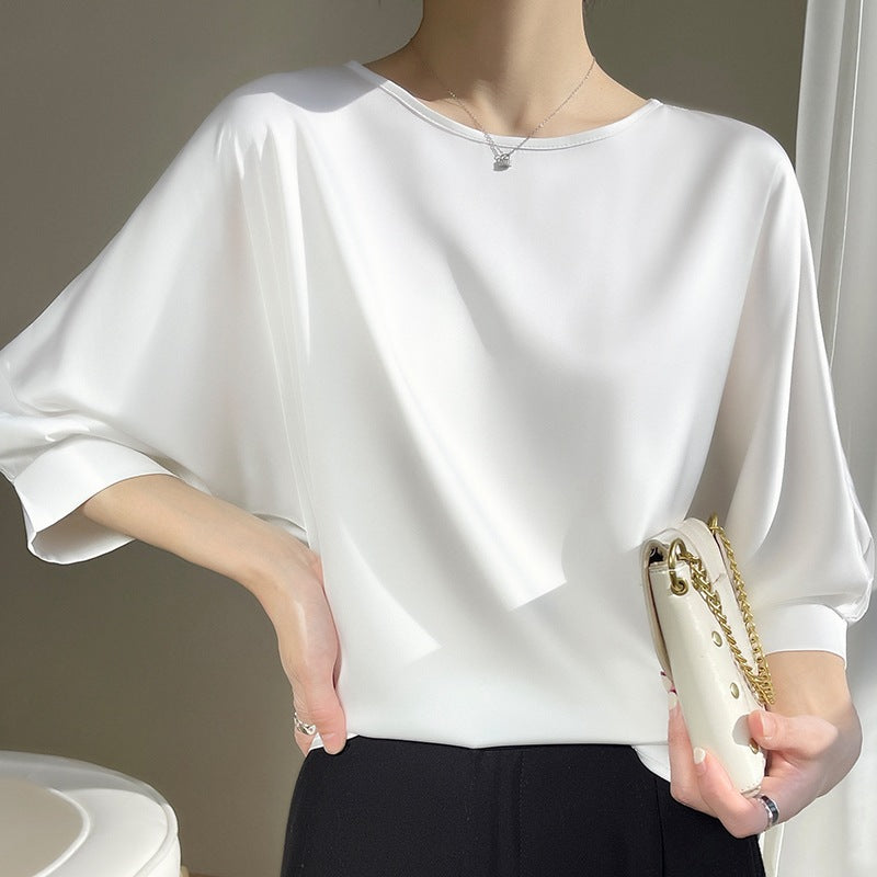 Milky White Women’s Ice Silk Loose Fit Three Quarter Sleeve T-Shirt Top