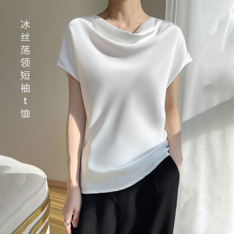 Women’s Ice Silk Swing Collar Loose Fit Short Sleeve Top Tee