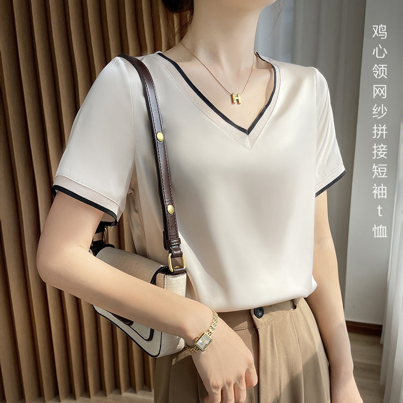 Women’s Sweetheart Collar Mesh Spliced Short Sleeve Summer Top
