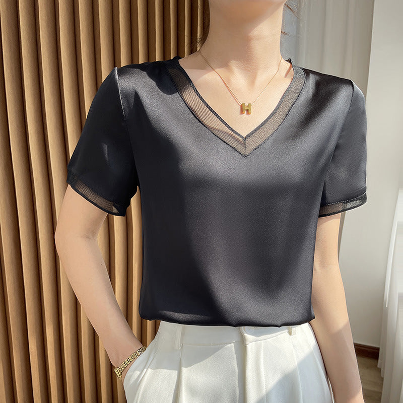 Black V-Neck Women’s Sweetheart Collar Mesh Spliced Short Sleeve Summer Top