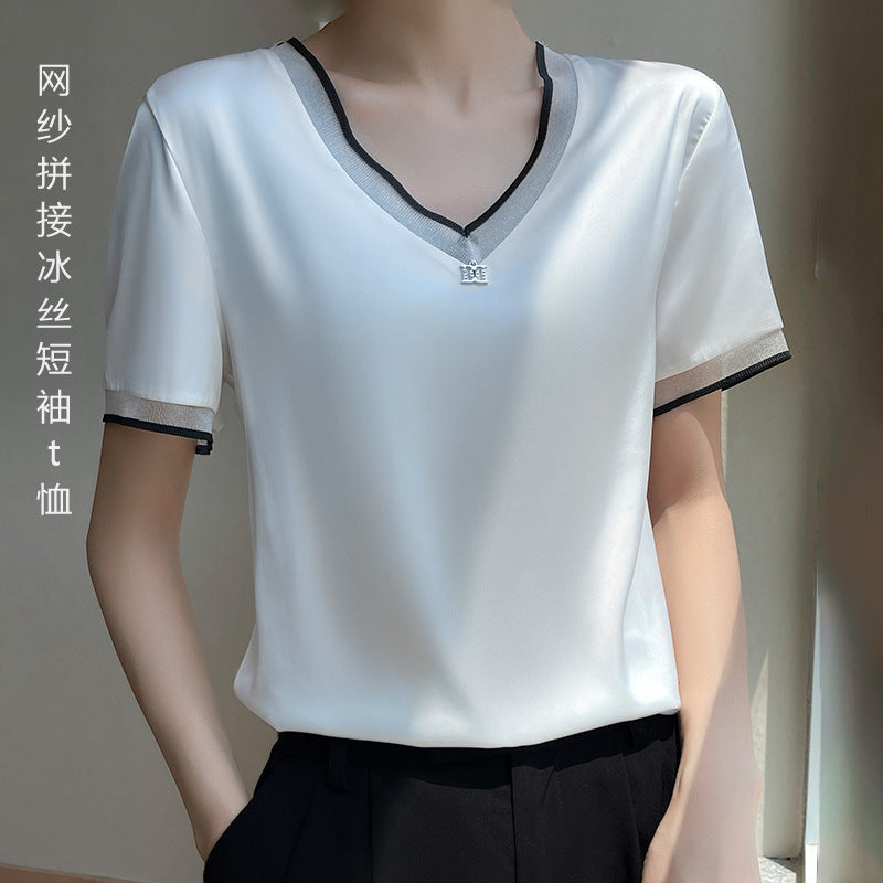 Women's Ice Silk Mesh V-Neck Loose Plus Size Summer Top Blouse