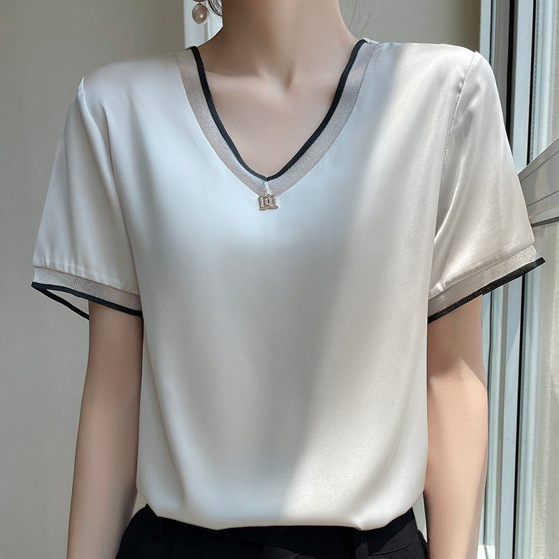 White Ice Silk Mesh V-Neck Loose Plus Size Summer Top Blouse