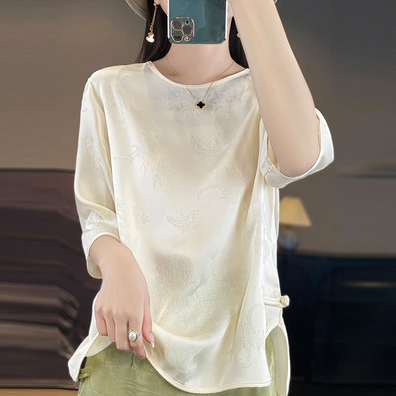 Black Women’s New Chinese Style Ice Silk Jacquard Round Neck Tee Top