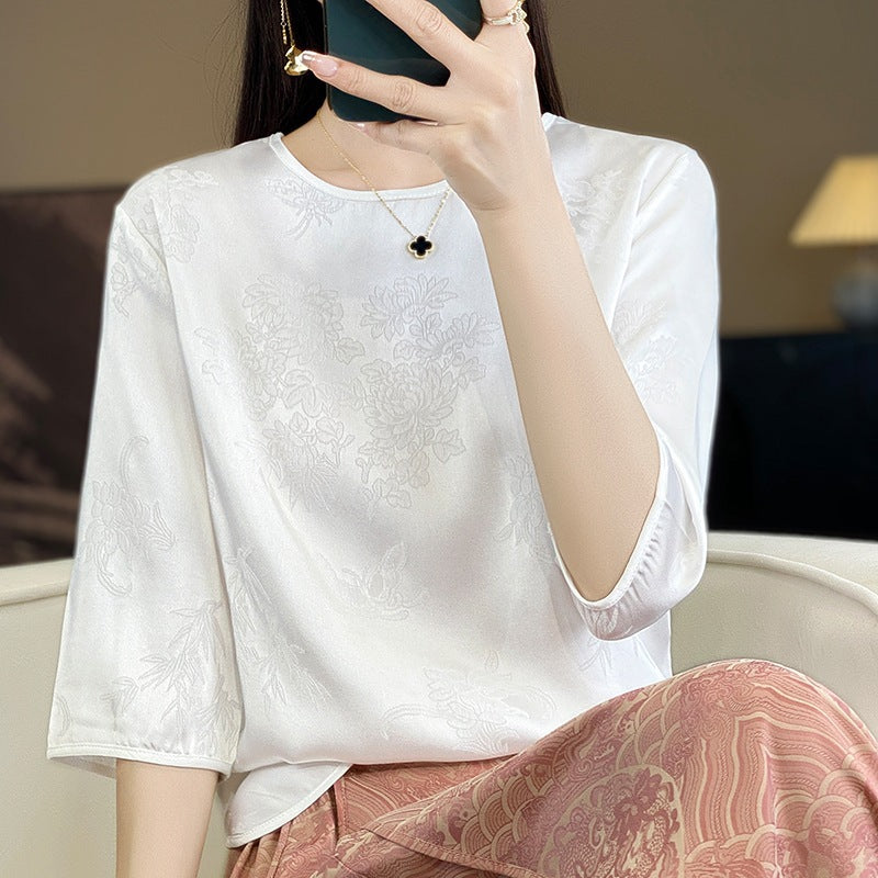 Women’s New Chinese Style Ice Silk Jacquard Round Neck Tee Top
