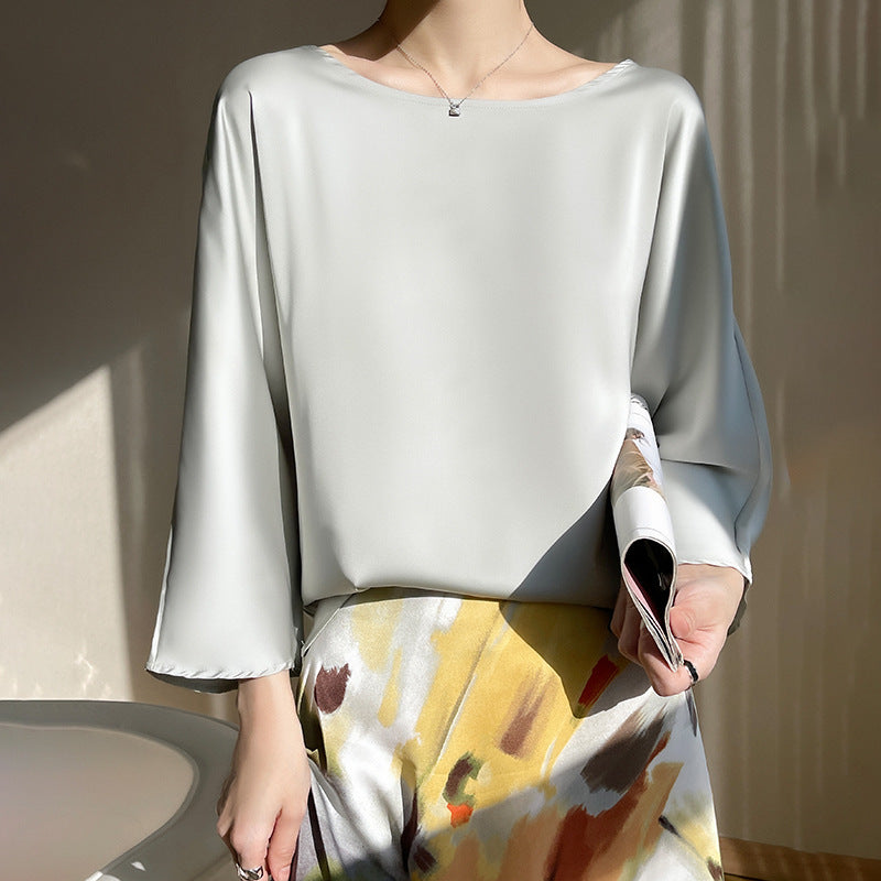 Champagne Women’s Ice Silk Loose Fit Round Neck Nine-Quarter Sleeve Top