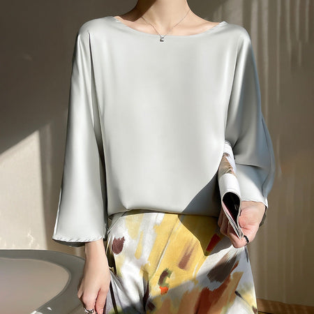Champagne Women’s Ice Silk Loose Fit Round Neck Nine-Quarter Sleeve Top