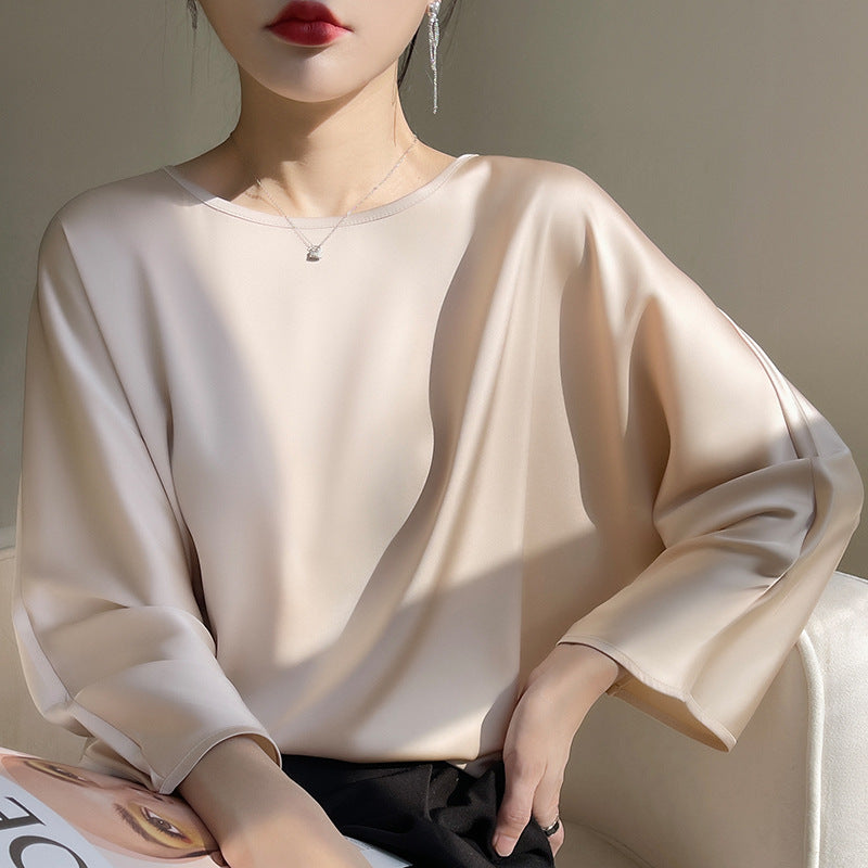 Women’s Ice Silk Loose Fit Round Neck Nine-Quarter Sleeve Top
