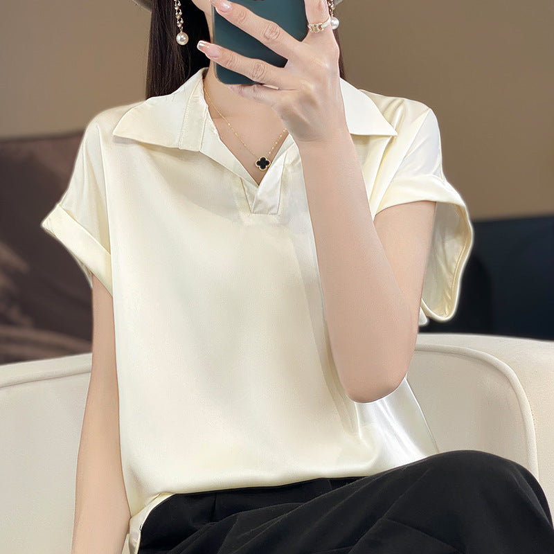 White Women’s Ice Silk Shirt Collar Loose Fit Summer Pullover Top
