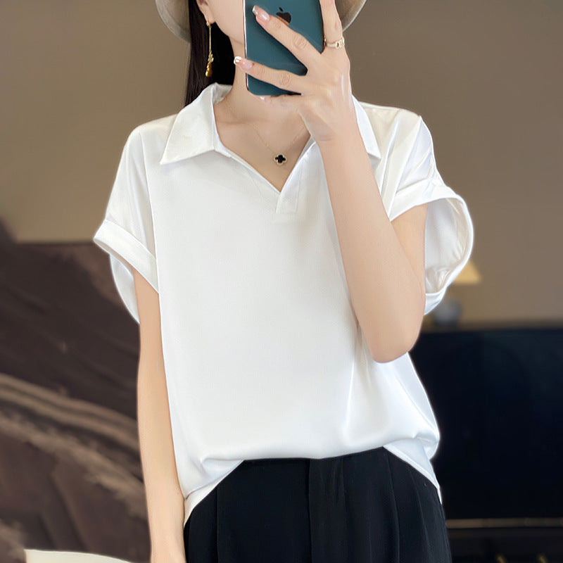 Women’s Ice Silk Shirt Collar Loose Fit Summer Pullover Top