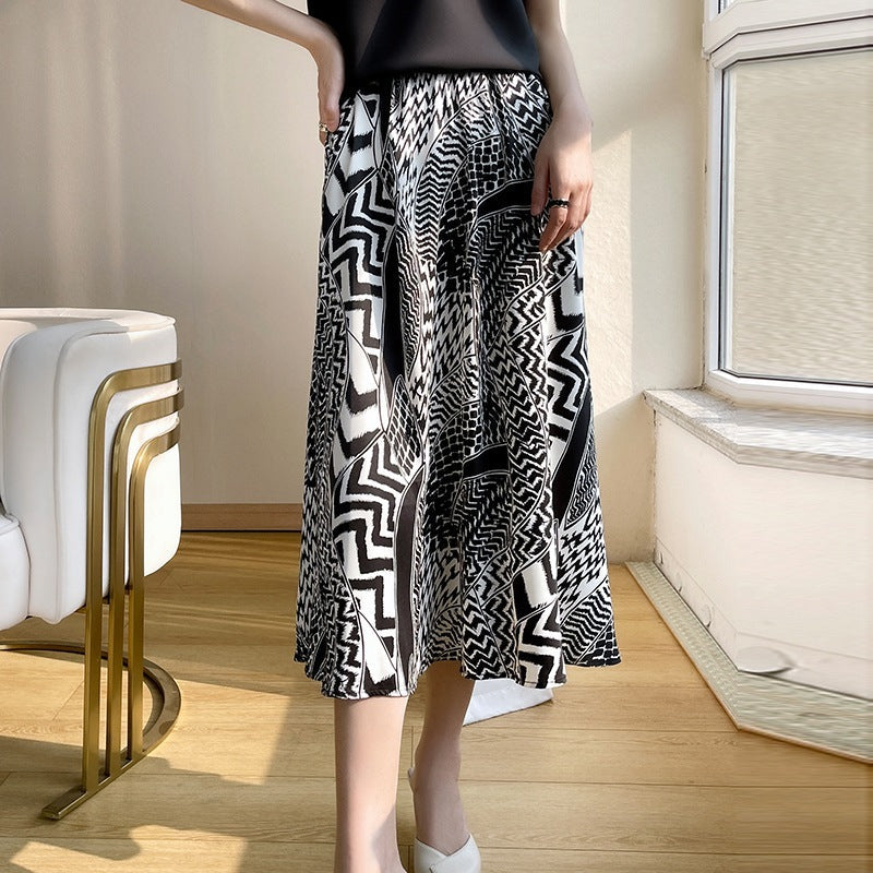 Black And White Pattern Striped Ice Silk Pleated High Waist Skirt Umbrella Skirt