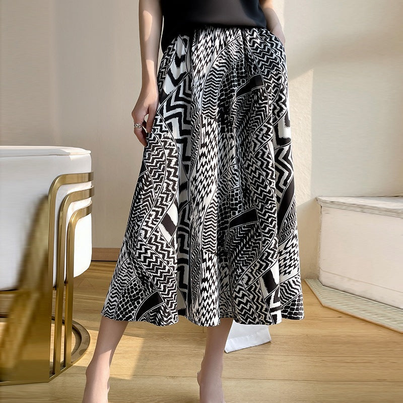 Women's Striped Ice Silk Pleated High Waist Skirt Umbrella Skirt