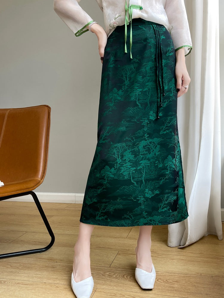 Black Women’s New Chinese Style Ice Silk A-Line Mid-Length Skirt