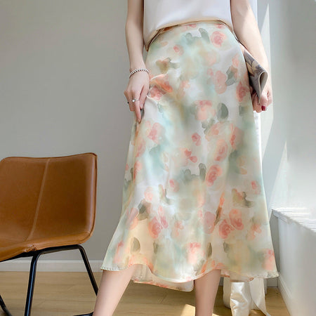 Pink Women’s Floral High-Waisted Umbrella Skirt Printed A-Line Skirt