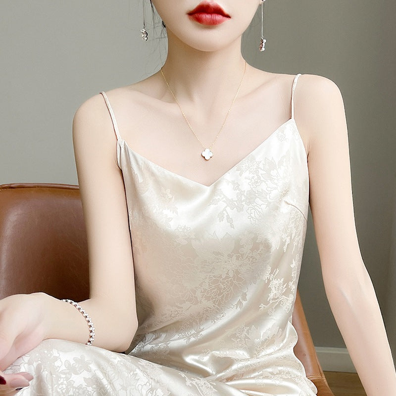 Women's Ice Silk V-Neck Jacquard Slim Sleeveless Dress