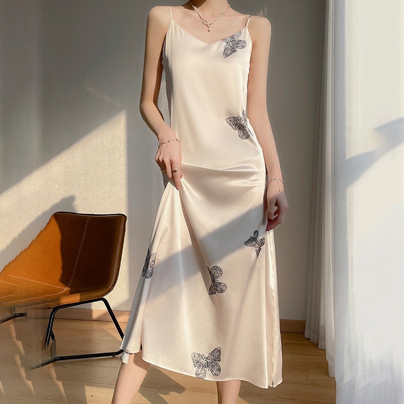 Womens Ice Silk One-Shoulder V-Neck Butterfly Pullover Dress