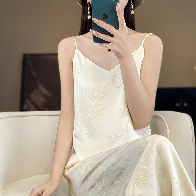 Women’s Ice Silk V-Neck Slim Fit Suspender Long Dress Skirt