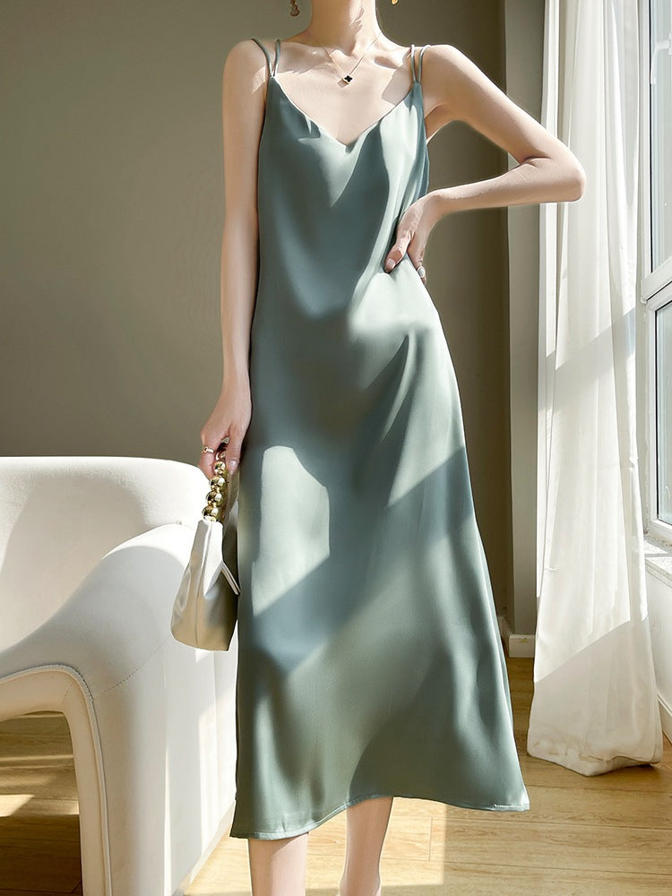 White Solid Ice Silk V-Neck Back Cross Camisole Dress K-Style