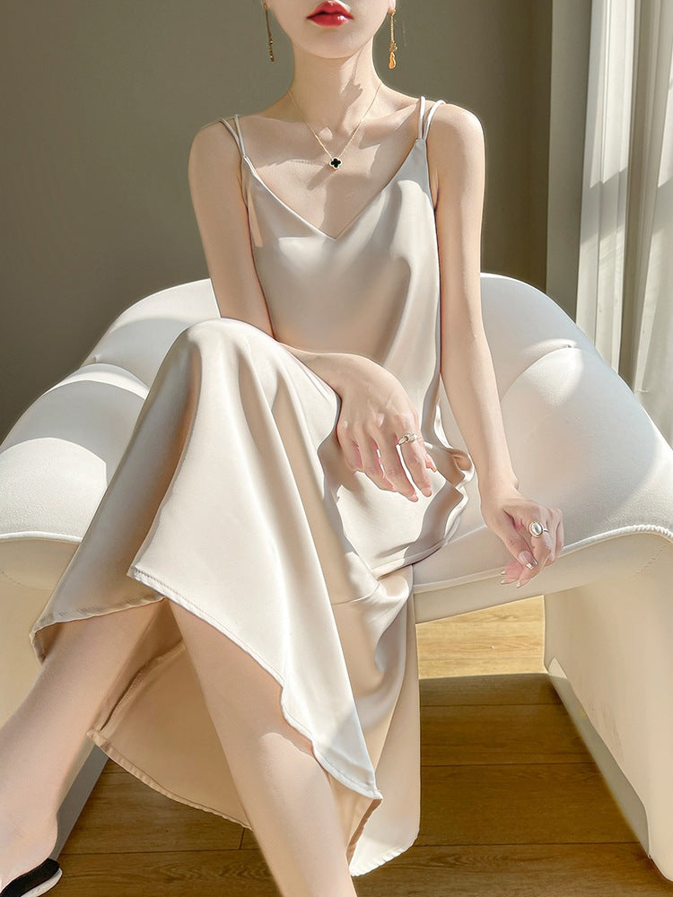 Women's Solid Ice Silk V-Neck Back Cross Camisole Dress K-Style