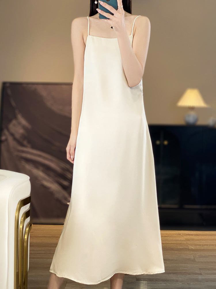 White Women’s Ice Silk Off-Shoulder Spaghetti Strap Inner Dress