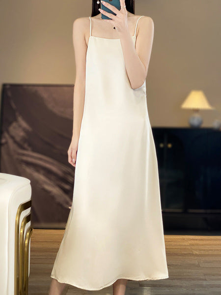 White Women’s Ice Silk Off-Shoulder Spaghetti Strap Inner Dress