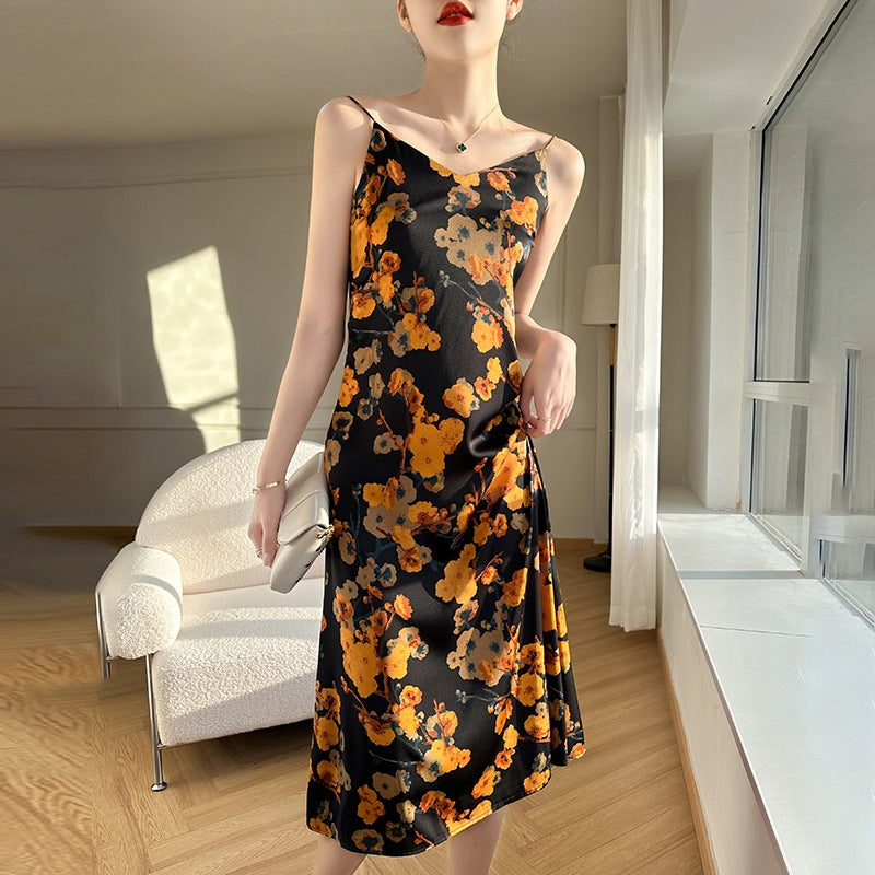 Women’s French Floral V-Neck Suspender Knee-Length Dress