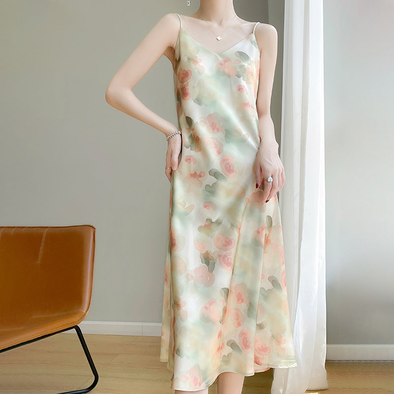 White Women’s Ice Silk V-Neck Floral Print Suspender Long Dress
