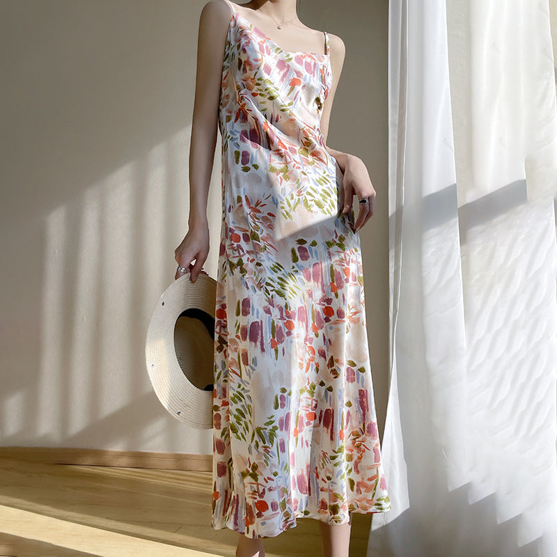 Women’s Ice Silk V-Neck Floral Print Suspender Long Dress