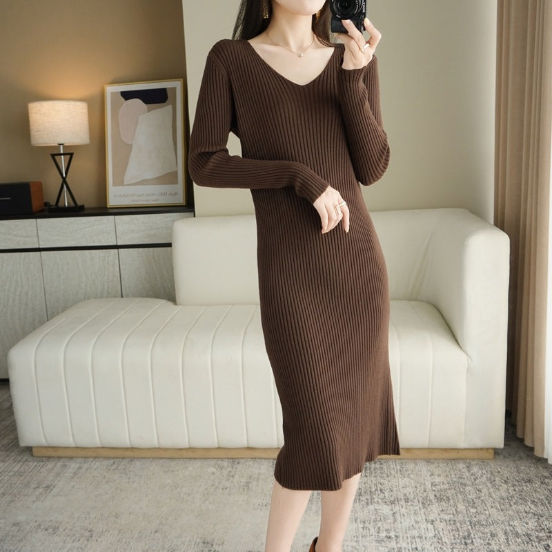 Women’s V-Neck Slim Fit Knitted Sweater Dress Long Sleeve