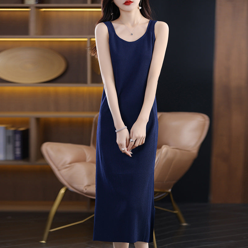 Navy Blue Women’s Ice Silk Ruched Slim Fit Spaghetti Strap Slit Dress